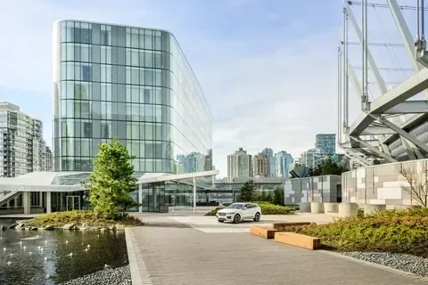 Downtown hotel facade in soft daylight
