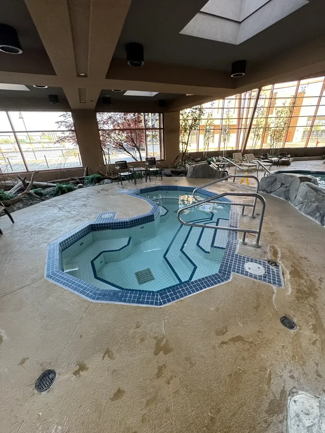 Resort facade beside water and walkways